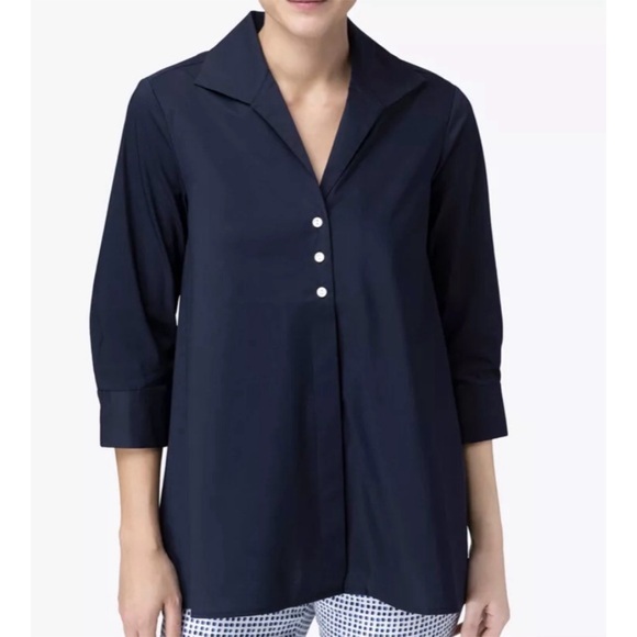 HINSON WU BETTY 3/4 SLEEVE STRETCH COTTON NAVY BLUE TUNIC TOP SZ 2 - Picture 1 of 6